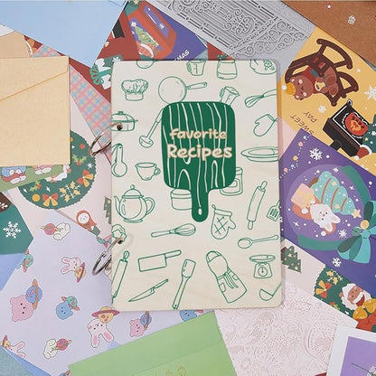 SUPERDANT Favorite Recipe Greeting Card Organizer Food Journal Keeper Kitchen Planner Card Holder Wooden Cards Keeper Binder Recipe Photo Album 2-Rings Cover with Punch and 20pcs Inner Pockets