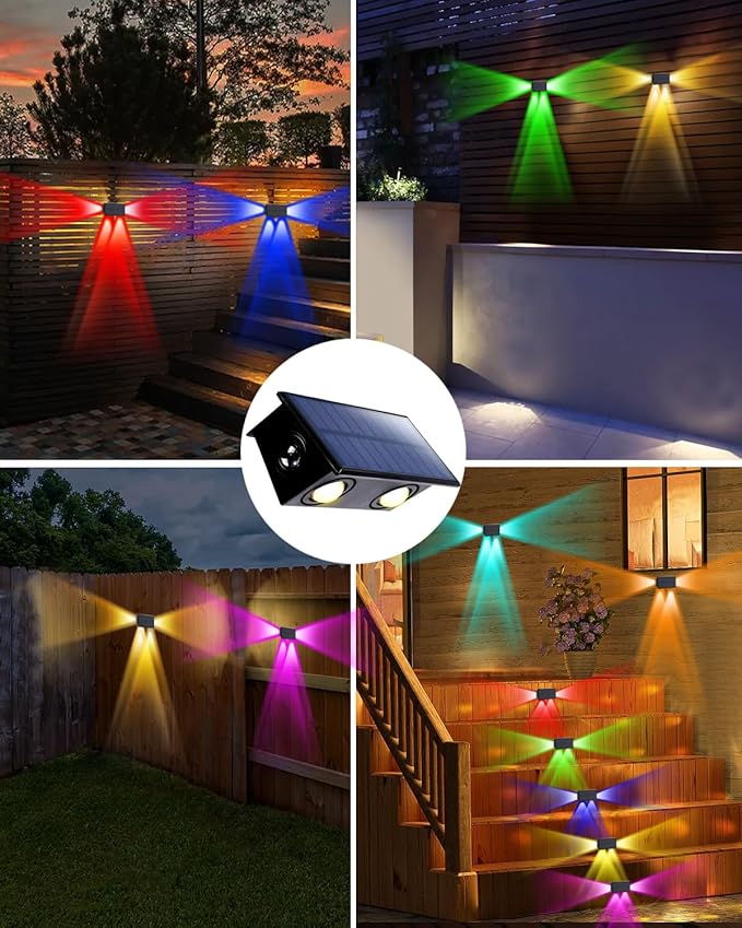 4 Pack Color Changing Solar Powered Fence Lights Outdoor Decorative LED Waterproof Yard Lamps for Outside Wall, Deck, House Patio, Rail, Stair, Yard, Pool, 7 Colorful Modes, Easy 1-Min Installation