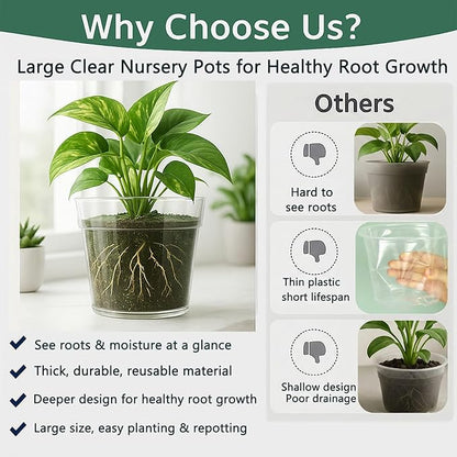 8/10 Inch Large Clear Nursery Pots with Drainage, 6 Pack Acrylic Plant Pots, 90% Light Transparency, Reusable for Flowers and Orchids, Indoor Outdoor Use, A Must-Have for Plant Lovers