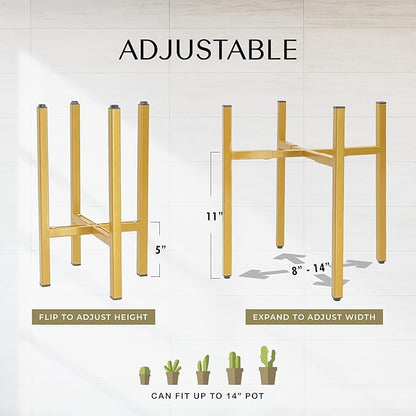 Adjustable Metal Plant Stand, Indoor Outdoor, Width 8" to 14", Fits Small to Large Pots, Modern Golden Iron Plant Holder