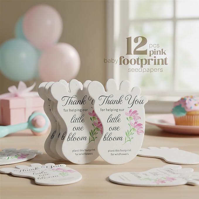 Footprint-Shaped Seed Paper – 12 pcs Pink Shower Favors for Guests with Wildflower Seeds, Writable & Plantable, Gender Reveal, Birthday Gifts for Guest