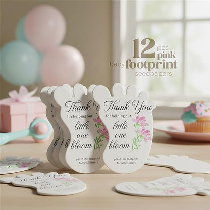 Footprint-Shaped Seed Paper – 12 pcs Pink Shower Favors for Guests with Wildflower Seeds, Writable & Plantable, Gender Reveal, Birthday Gifts for Guest