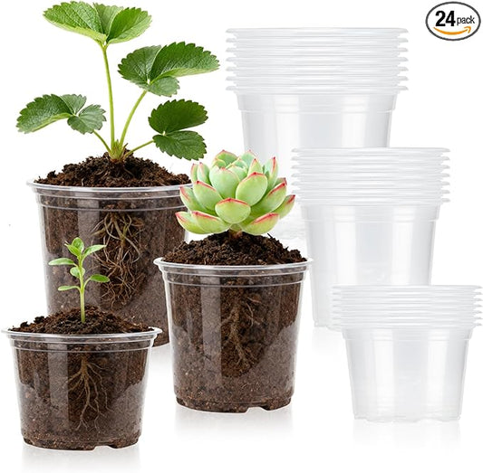 Clear Nursery Pots for Plants, 3/3.5/4 Inches Clear Flower Pots with Drainage, 24 Packs Seed Starter Pots with Different Sizes, Transparent Seedling Pots for Indoor Plants