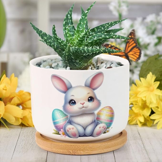 DreamAutumn Easter Bunny Ceramic Planters Ceramic Pots with Saucers Orchid Pots for Plants Succulents Pots Office Desk Garden Balconys New Home Decor,Gifts for Mom Mother Grandmother