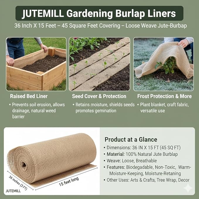 Jutemill 36 Inch X 15 Feet Gardening Burlap Liners, Loose Weave Jute-Burlap for Raised Bed, Seed Cover and Garden Blanket, 45 Square ft Covering (36 Inch X 15 feet, 36Wx15L)