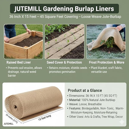 Jutemill 36 Inch X 15 Feet Gardening Burlap Liners, Loose Weave Jute-Burlap for Raised Bed, Seed Cover and Garden Blanket, 45 Square ft Covering (36 Inch X 15 feet, 36Wx15L)