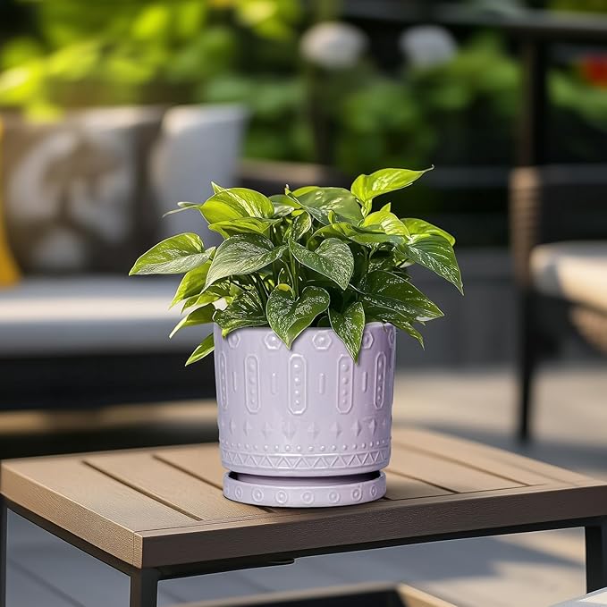 Ceramic Pots for Plants, 6 Inch Plant Pot for Indoor Outdoor Plants, Round Planter with Drainage Holes and Saucer, Boho Decorative Flower Pots, Apartment Decor, Plant Lover Gifts, Purple