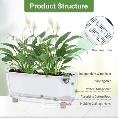 Self Watering Planter with Coco Coir Pellets, 11.8 Inch Plastic Rectangular Windowsill Plant Pot with Drainage Holes, High Clear Modern Decorative Flower Pot for Indoor Plants, African Violets