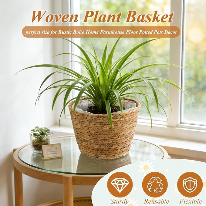 2PCS Seagrass Plant Basket for Indoor and Outdoor,Wicker Planter Basket with Liner for 6 inch Pot,Indoor Plant Pot Covers for Potted Plants, Rattan Storage Baskets for Rustic Boho Farmhouse Decor