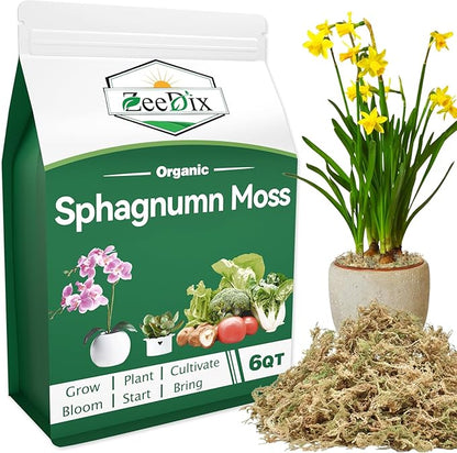 ZeeDix 6QT Natural Sphagnum Moss for Plants, Orchid Moss Potting Mix for Repotting, High Water Retention, Help with Maintain Humidity, Plant Moss for Gardening, Hanging Baskets, Reptile Bedding