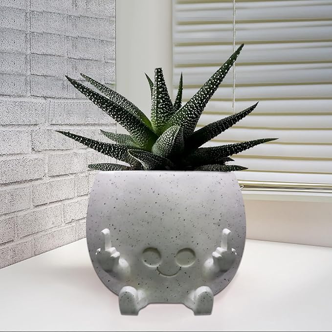 Smiling Plant Pot with Middle Fingers Up, Face Planter Pot Resin Flower Planters for Indoor Outdoor Plants Succulent Pots for String of Pearls Plant Live Gift Ideas for Mother (White)