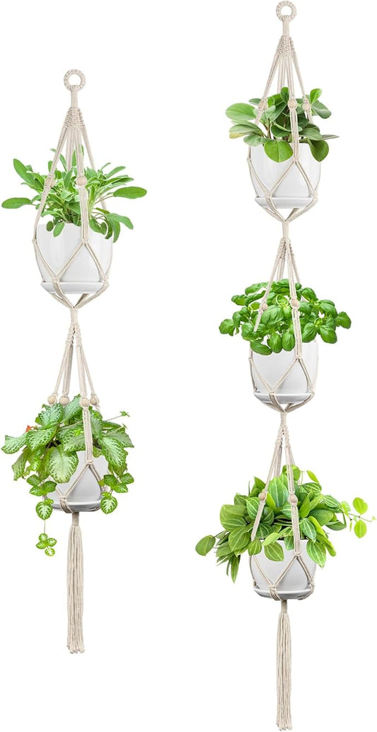 USLAI Macrame Plant Hanger Indoor Outdoor, Fits 4 to 8 Inch Pots, Strong Hanging Planter Holder, Boho Home Decor, 49+72 Inch, Ivory (POTS NOT Included)