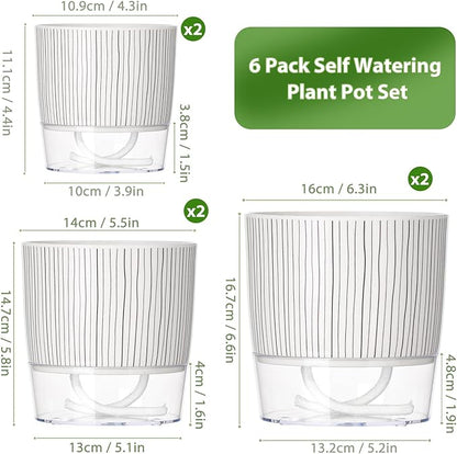 6 Pack Self Watering Pots for Indoor Plants, 4+5.5+6.3 Inch Self Watering Plant Pots Set, Flower Pots with Wick Rope and Reservoir for African Violet, Spider Plant, Orchid