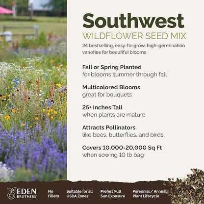Eden Brothers Southwest Wildflower Mixed Seeds for Planting, 10 lb, 4,800,000+ Seeds with Cornflower, Blanket Flower | Attracts Pollinators, Plant in Spring or Fall, Zones 3, 4, 5, 6, 7, 8, 9, 10