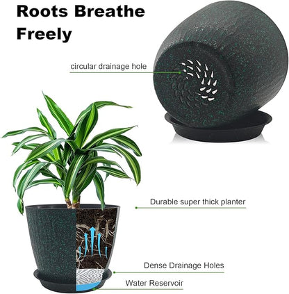 8/7/6 inch Plant Pots, 3 Pack Flower Pots for Outdoor Indoor Garden Plants, Large Planters with Multi Mesh Drainage Holes and Saucer (Black with Green Speckles, 8"+7"+6")