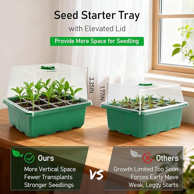 MIXC Seed Starter Tray with Elevated Lid, 120 Cells Seed Starter Kit with Adjustable Humidity Dome, Drainage Hole, Clear Heightened Lids for Indoor Outdoor Greenhouse Gardens, 10 Pack, Green