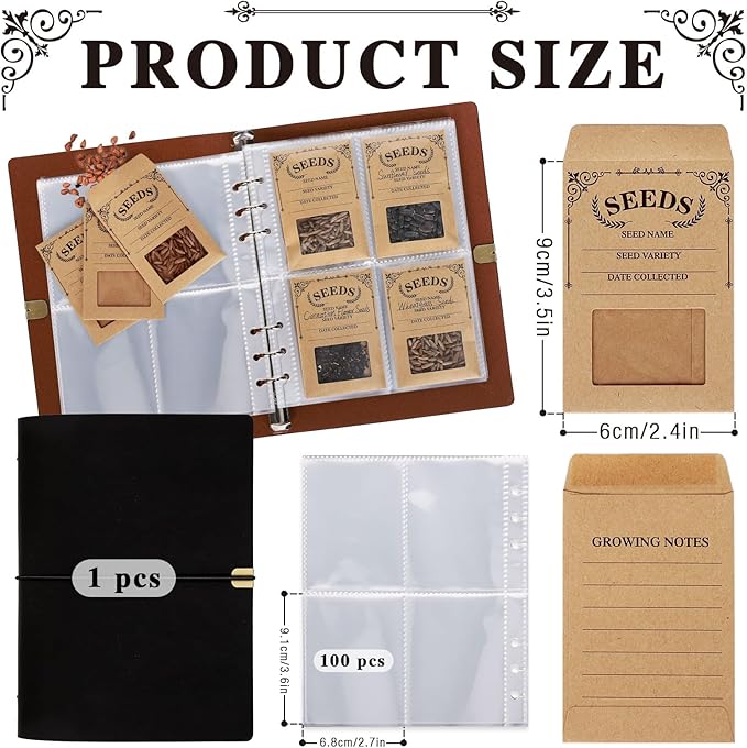 Seed Storage Organizer,100 Packets Seed Organizer Binder with 50Pcs Kraft Adhesive Seed Storage Envelopes with Window for Flower Garden Vegetable Collection