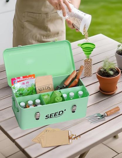Seed Storage Organizer, Metal Seed Storage Box with Lid and Safety Locks, Seed Bin Packet Container with 12 Seed Bottles, 20 Seed Envelopes, Funnel, Marker Pen and Label Stickers