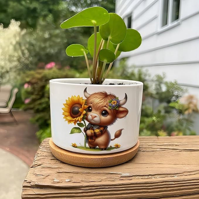 DreamAutumn Easter Highland Cow Planter Ceramic Round Plant Pots with Drainage Holes and Bamboo Tray Planting Small Flower Pots for Home Windowsill Desk Garden Indoor Outdoor Use