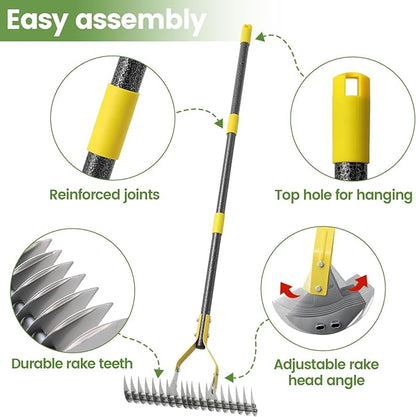 Thatch Rake, 55 inch Heavy Duty Dethatcher Rake Adjustable Dethatching for Loosening Soil Gathering for Leaves Leveling Lawn Farming Land Cleaning Dead Grass Yard Garden