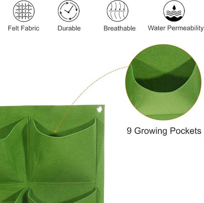 MECCANIXITY Vertical Hanging Grow Bag with 9 Pockets, Wall Mounted Felt Fabric Flowerpot Bag Plant Container for Garden Home Decoration, Green 2 Pack