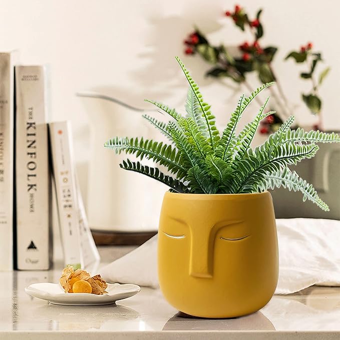 GeLive Head Succulent Plant Pot Ceramic Face Planter Modern Statue Flower Vase Windowsill Box with Drainage Hole Home Decoration Indoor Outdoor Container Gold Eyes (Yellow)