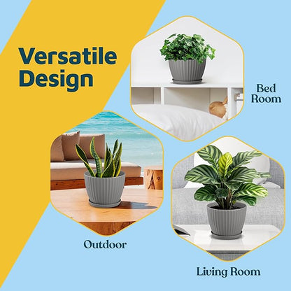Gray 6-Inch Plant Pots with Drainage & Saucers 6 Pack, Indoor & Outdoor Planters for Houseplants, Herbs, and Flowers, Durable & Weatherproof Material, Stackable, Lightweight, Minimalist Design