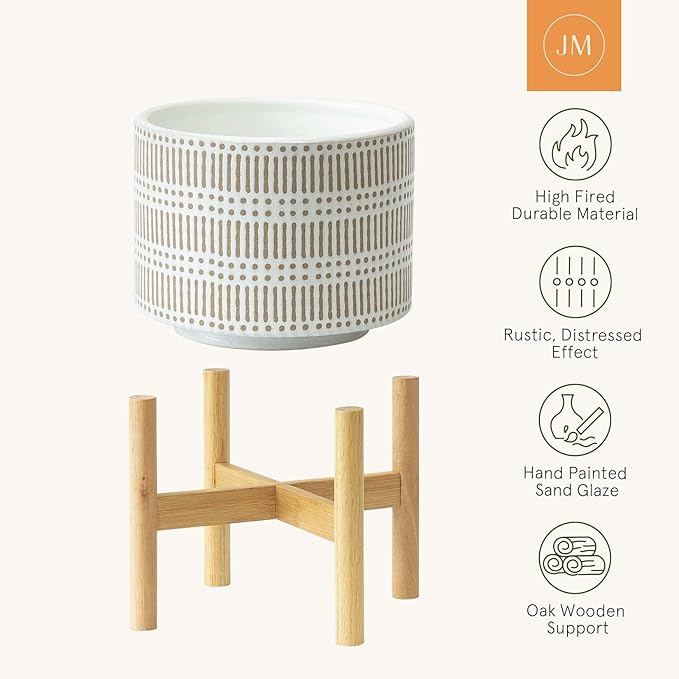 LA JOLIE MUSE Ceramic Plant Pot with Wood Stand - 7.3 Inch Modern Round Decorative Flower Pot Indoor with Wood Planter Holder, Beige and White