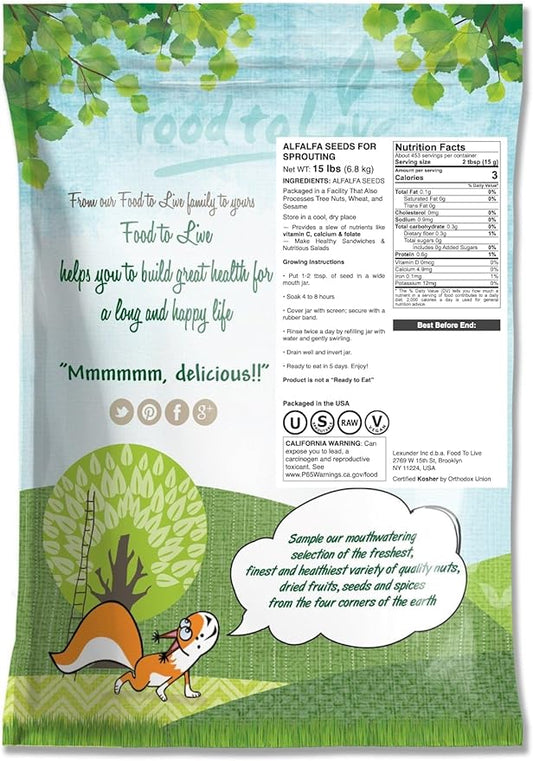 Food to Live Alfalfa Seeds for Sprouting, 15 Pounds – Edible Seeds, Pure, Vegan, Kosher, Bulk. Rich in Vitamin K & C. High Germitation Rate. Grow Sprouts, and Microgreens for Salad, Sandwiches, Rolls.