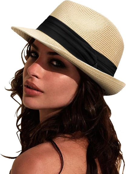 DRESHOW Women Straw Panama Hat Travel Fedora Beach Sun Hat Summer Wide Brim Straw Roll up Hat UPF 50+