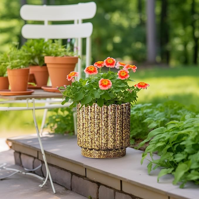 Ceramic Pots for Plants - 9.6 Inch Ceramic Planters for Indoor Plants, Round Flower Pots with Drainage Hole, Fluted Large Planter Outdoor, Patio Decor, Garden Gifts, Yellow
