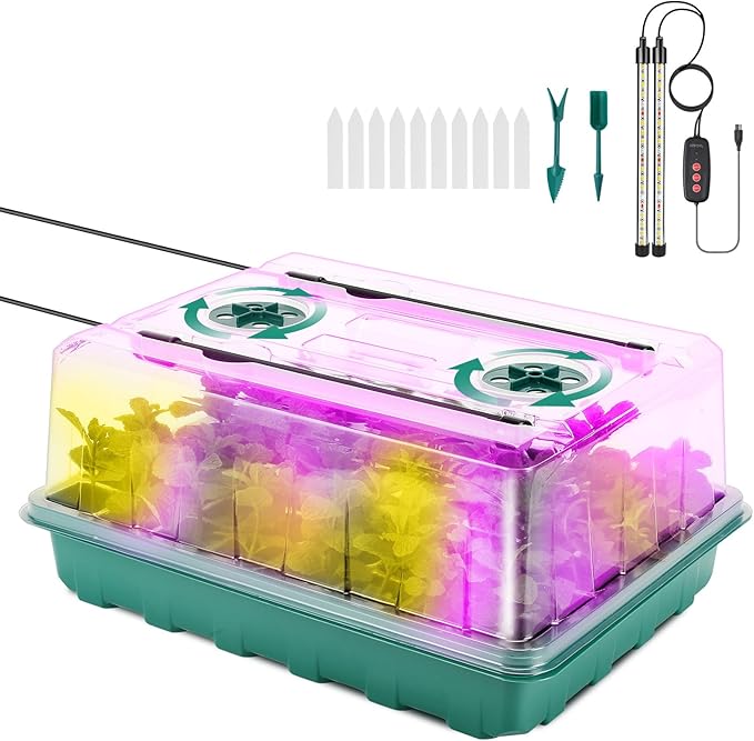 48 Cells Seed Starter Tray with Grow Light, Seed Starter Kit with Adjustable Humidity Dome, Seed Starting Trays Plant Starter Kit for Seeds Growing Starting, Indoor Gardening, Greenhouse