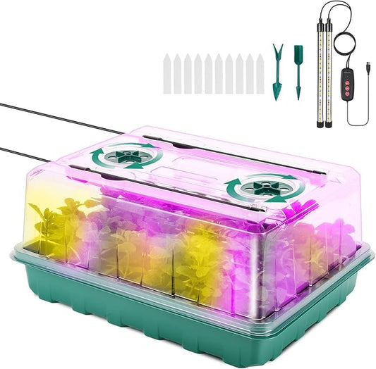 48 Cells Seed Starter Tray with Grow Light, Seed Starter Kit with Adjustable Humidity Dome, Seed Starting Trays Plant Starter Kit for Seeds Growing Starting, Indoor Gardening, Greenhouse