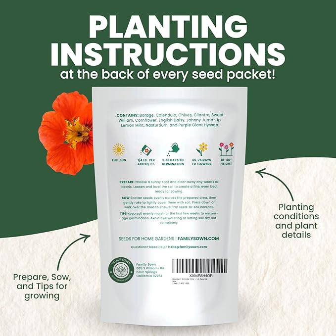 Gourmet Edible Mix – 22,000 Premium Seeds for Planting – Fresh Culinary Flowers & Herbs – 2026 Season – 4 Ounce Pouch