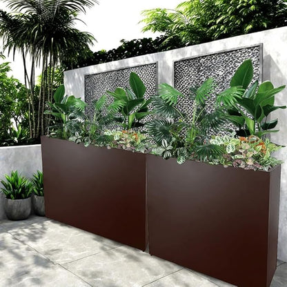 Metal Tall Long Planter Box Large Rectangular Planter Flower Pot with Drainage Holes for Indoor Outdoor Deck Porch Garden Home Patio Front Door (Espresso, L)