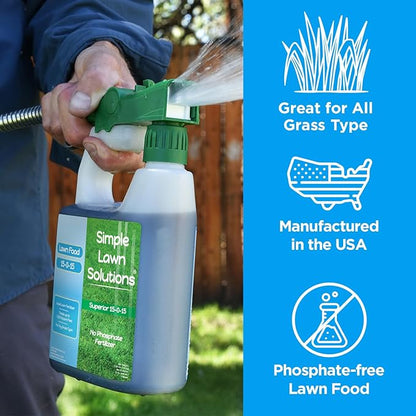 Superior 15-0-15 Liquid Lawn Fertilizer - Lawn Food for Growth & Green - Nitrogen, Potassium, Humic, Fish & Seaweed - Any Grass Type- Simple Lawn Solutions - All Season- Attached Sprayer (32 Ounce)