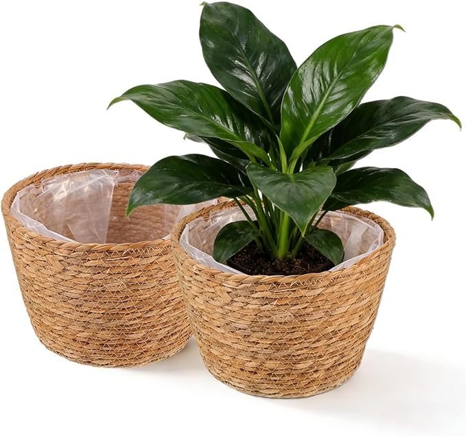 2PCS Seagrass Plant Basket for Indoor and Outdoor,Wicker Planter Basket with Liner for 6 inch Pot,Indoor Plant Pot Covers for Potted Plants, Rattan Storage Baskets for Rustic Boho Farmhouse Decor