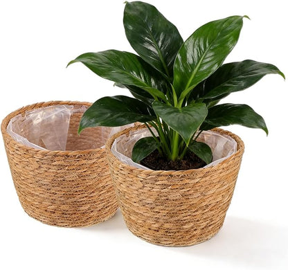 2PCS Seagrass Plant Basket for Indoor and Outdoor,Wicker Planter Basket with Liner for 6 inch Pot,Indoor Plant Pot Covers for Potted Plants, Rattan Storage Baskets for Rustic Boho Farmhouse Decor