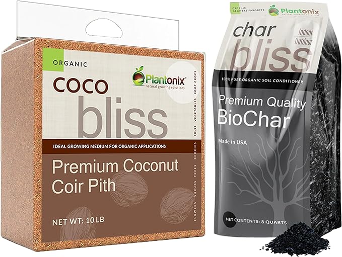 Coco Bliss (10lbs) + Char Bliss (8 Qts) - Coco Coir Brick & Organic Biochar for Plants - Organic Coco Coir for Plants - Biochar Soil Amendment - Charcoal for Plants - Garden Soil & Potting Soil Mix
