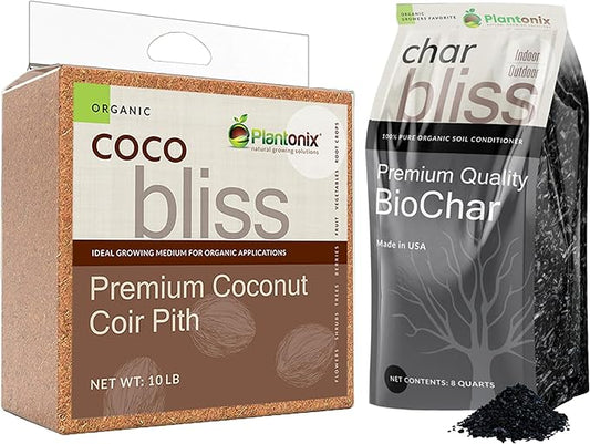 Coco Bliss (10lbs) + Char Bliss (8 Qts) - Coco Coir Brick & Organic Biochar for Plants - Organic Coco Coir for Plants - Biochar Soil Amendment - Charcoal for Plants - Garden Soil & Potting Soil Mix