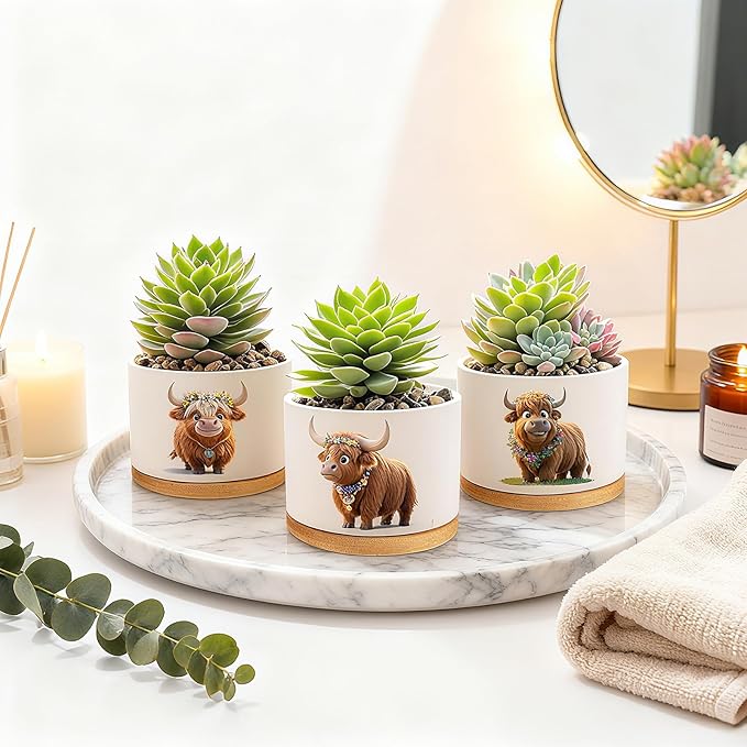 Highland Cow Planters for Indoor Plants – 1350°C Kiln-Fired Fine Ceramic Succulent Planter Set of 3, Funny Animal Pots for Room, Bathroom, Yoga, Meditation Decor (No Plant Included)