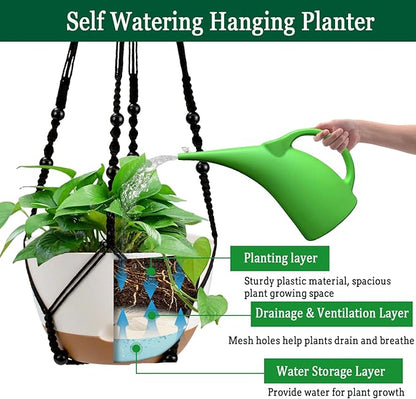 Hanging Planter Self Watering 10 Inch, 2 Pack Indoor Outdoor Hanging Baskets, Hanging Flower Pots with Drainage Hole & 2 Kinds of Plant Hangers for Garden Home Decor(Black Hanger