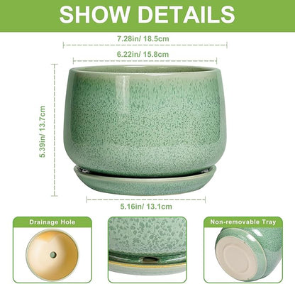 G EPGardening Ceramic Plant Pot - 7 Inch Ceramic Planter for Indoor Outdoor Plants, Flower Pot with Drainage Hole and Tray, Modern Round Planter, Plants Lovers Gifts, Home Garden Decor, Green
