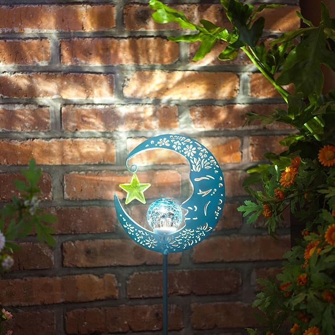Outdoor Solar Lights Garden Decor for Patio,Lawn or Pathway Moon Decorations Crackle Glass Globe Stake Metal Lights Waterproof Warm LED Garden Gifts (Blue)