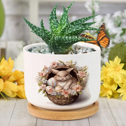 Watercolor Easter Basket Bunny Ceramic Flower Pots,Gardening Plant Pot with Drainage Holes And Saucers Round Ceramic Pots for Indoor Plants Succulent Herbs Cactus Pots for Dad Papa Grandpa