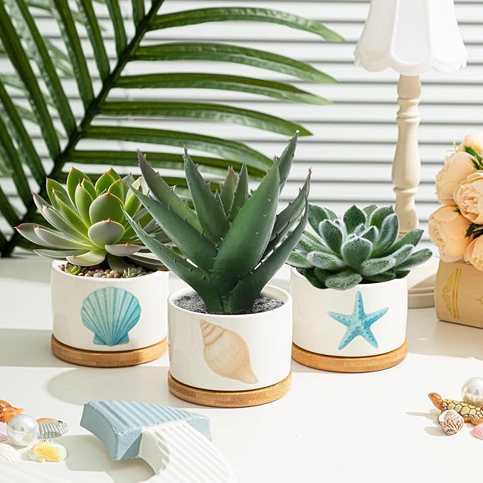 3 Pcs Decor Gift for Women Planter Ceramic Gift Animal Plant Pot with Bamboo Tray for Office Home Farm House Bathroom Kitchen Christmas Decorations (No Plants Included)(Ocean)