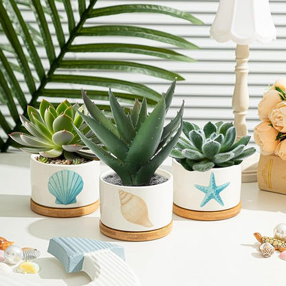 3 Pcs Decor Gift for Women Planter Ceramic Gift Animal Plant Pot with Bamboo Tray for Office Home Farm House Bathroom Kitchen Christmas Decorations (No Plants Included)(Ocean)