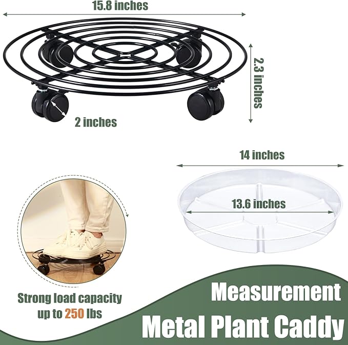 5 Packs 15.8 Inches Metal Plant Caddy with Wheels Extra-large Rolling Plant Stands Heavy-duty Wrought Iron Plant Roller Base Pot Movers Indoor Outdoor Plant Dolly with Casters Planter Tray Coaster