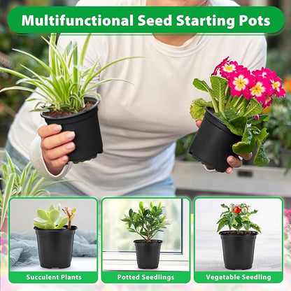 Sfee 100 Pack Plant Nursery Pots 4 inch Plastic Plant Pots, Durable Reusable Seed Starting Pots for Succulents Plants Vegetables Fruits Seedlings Cuttings Transplanting with 100 Plant Labels (Black)