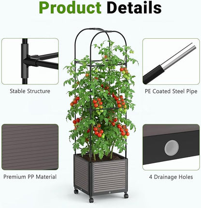DoCred 60" H Raised Garden Bed Planter Box with Wheels, 3 Pack Tomato Cage Planter Raised Garden Bed with Trellis for Climbing Vegetables Plants Tomato Cage, Indoor Outdoor Use